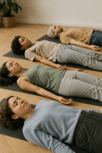 Students practicing 20250816 2058 yoga nidra practice simple compose 01k2v2s3rcees9b4yn7wwfmt1a during 200 hour yoga teacher training at Oce