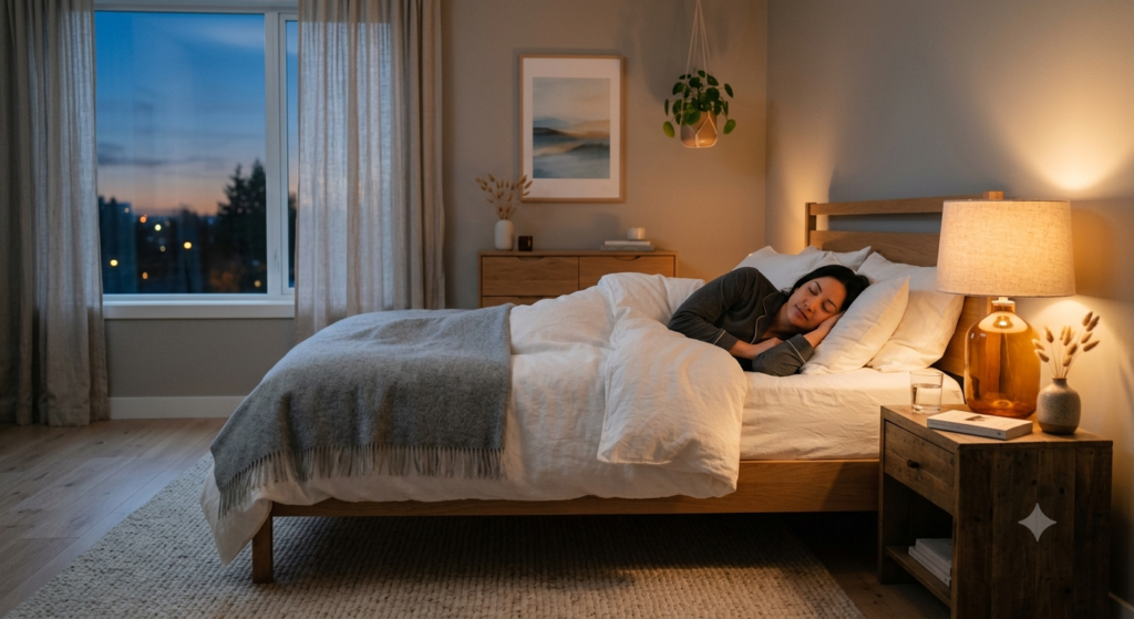 Woman sleeping peacefully in a cozy bedroom lit by a warm bedside lamp at dusk