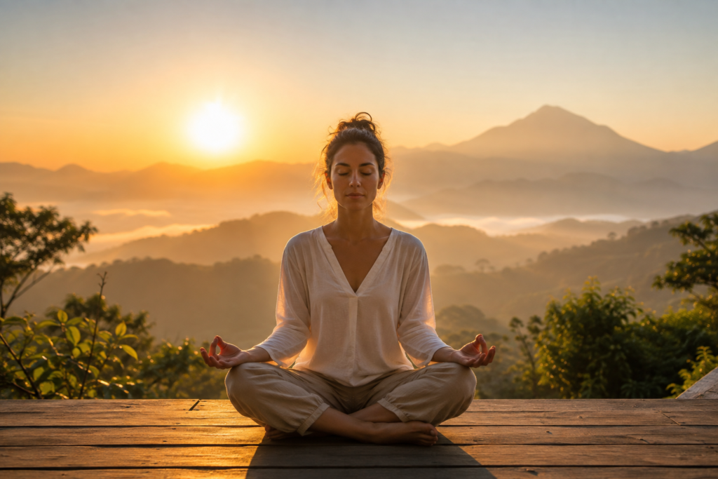 Woman meditating cross-legged on a wooden deck at sunrise above misty mountains