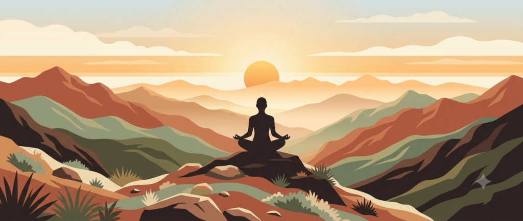 Illustration of a silhouette meditating in lotus pose on a peak overlooking layered mountains at sunrise