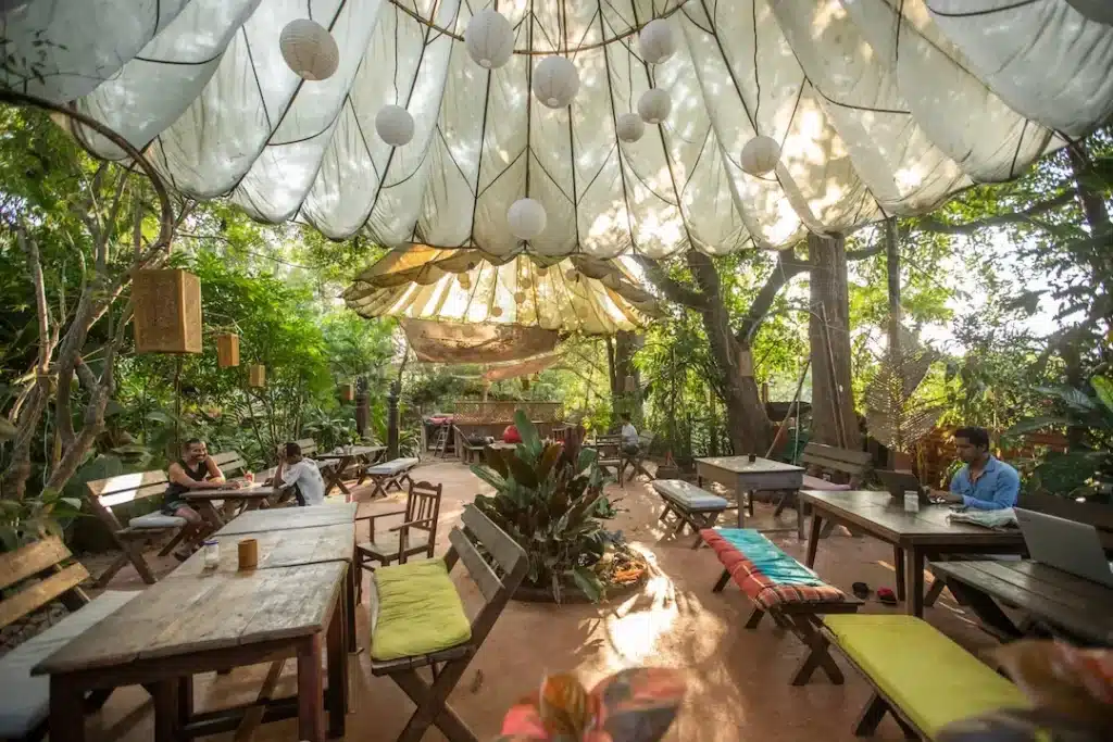 Outdoor café seating with wooden tables under a white canopy and paper lanterns among trees