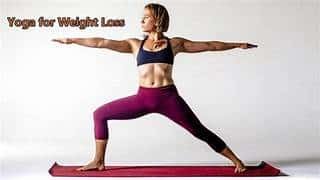 Yoga for weight loss graphic showing a woman in warrior II pose on a red mat
