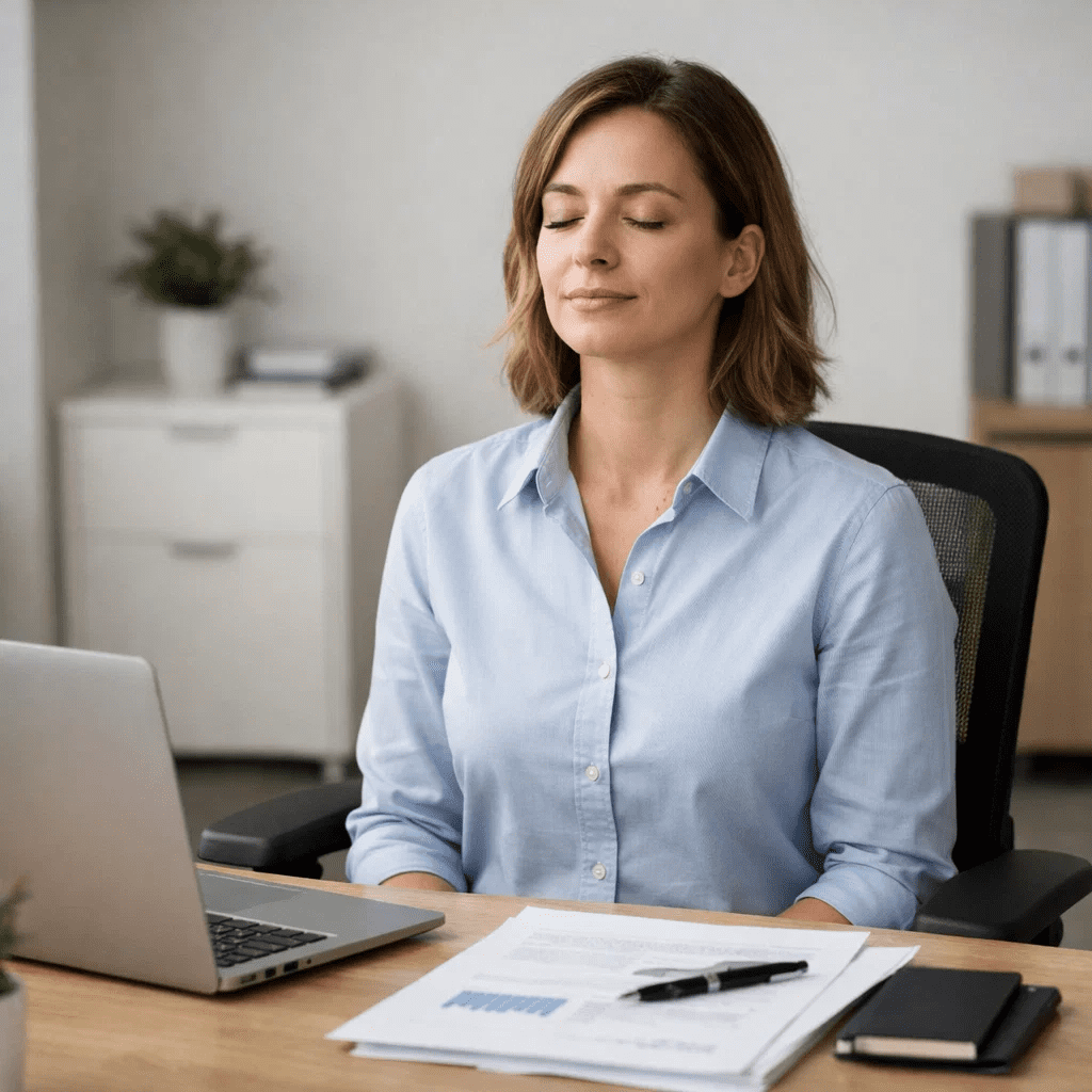 Woman sitting at her office desk with eyes closed, taking a calm moment