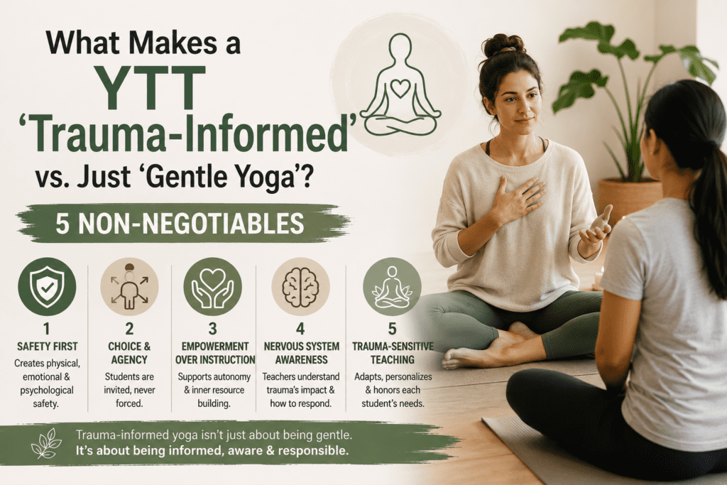 Infographic on five non-negotiables of trauma-informed yoga teacher training, with two women seated on mats