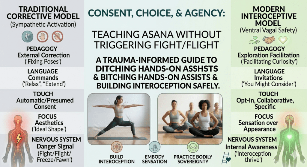 "Infographic comparing traditional corrective yoga teaching with a modern interoceptive, consent-based model, with photos of a warrior pose and a seated group
