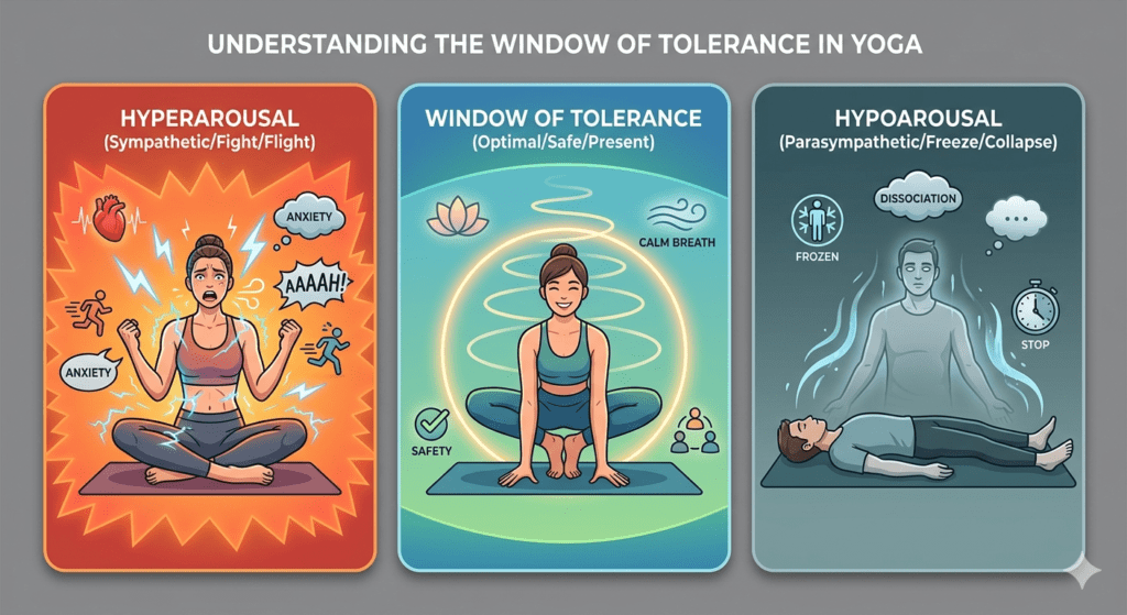Window of tolerance in yoga infographic with three panels: hyperarousal, the optimal window and hypoarousal