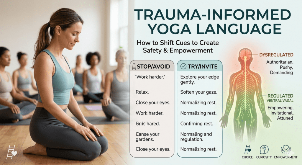 Trauma-informed yoga language infographic comparing cues to avoid and cues to invite, with a kneeling woman and nervous system diagram