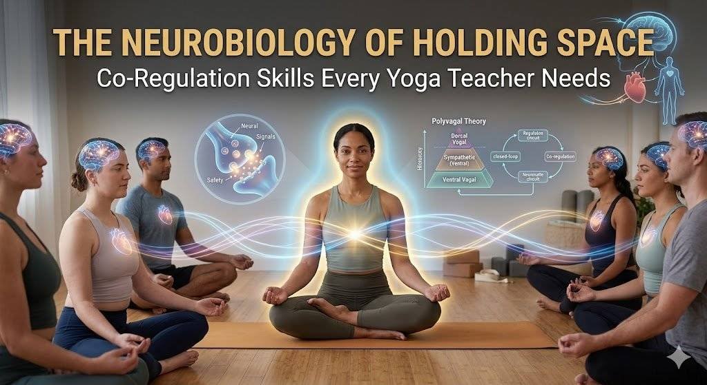 Woman meditating at the center of a seated yoga group, with glowing brains and hearts linked by flowing lines and nervous system diagrams