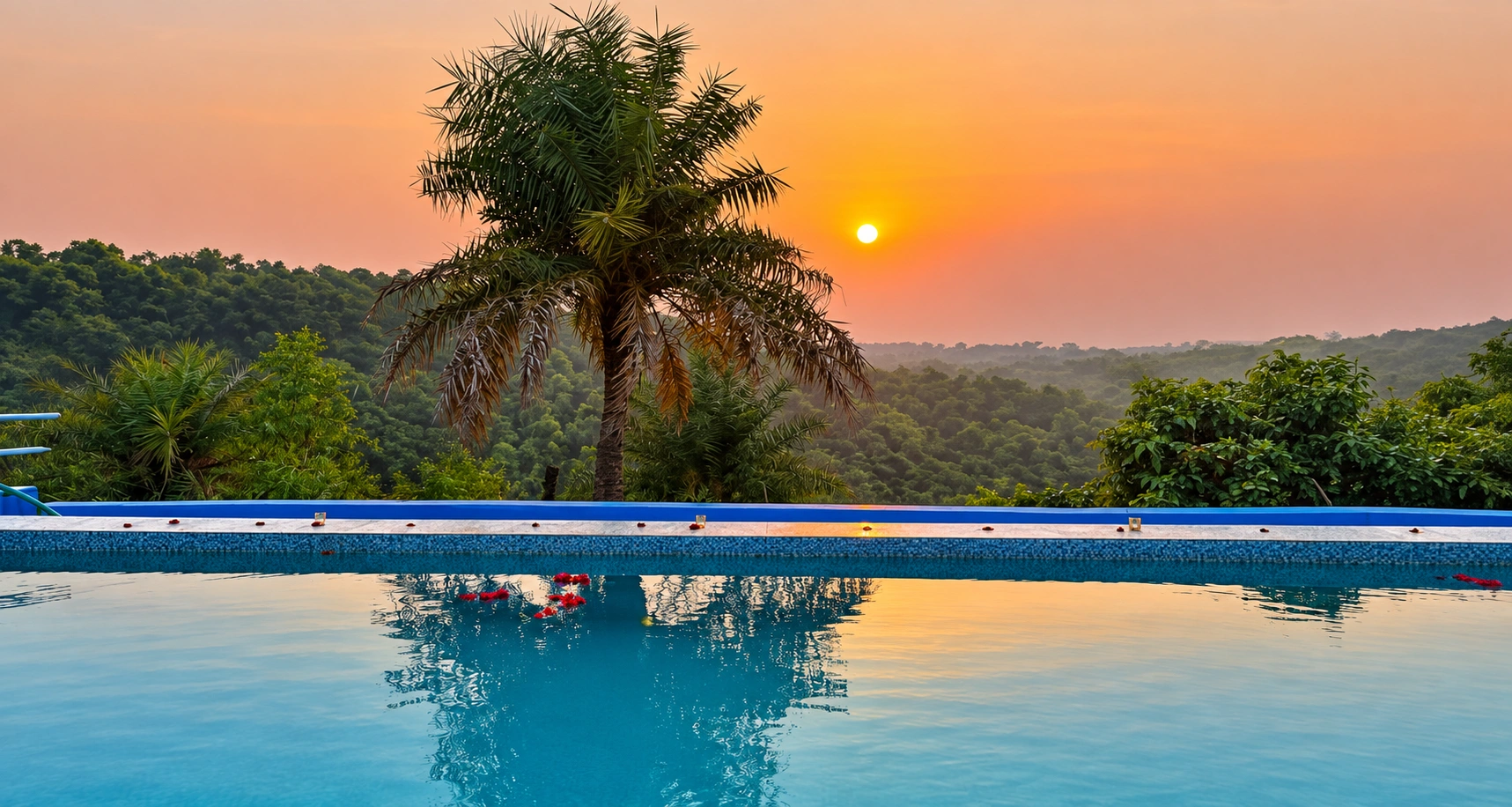 Infinity pool with palm tree reflection at sunset over forested hills