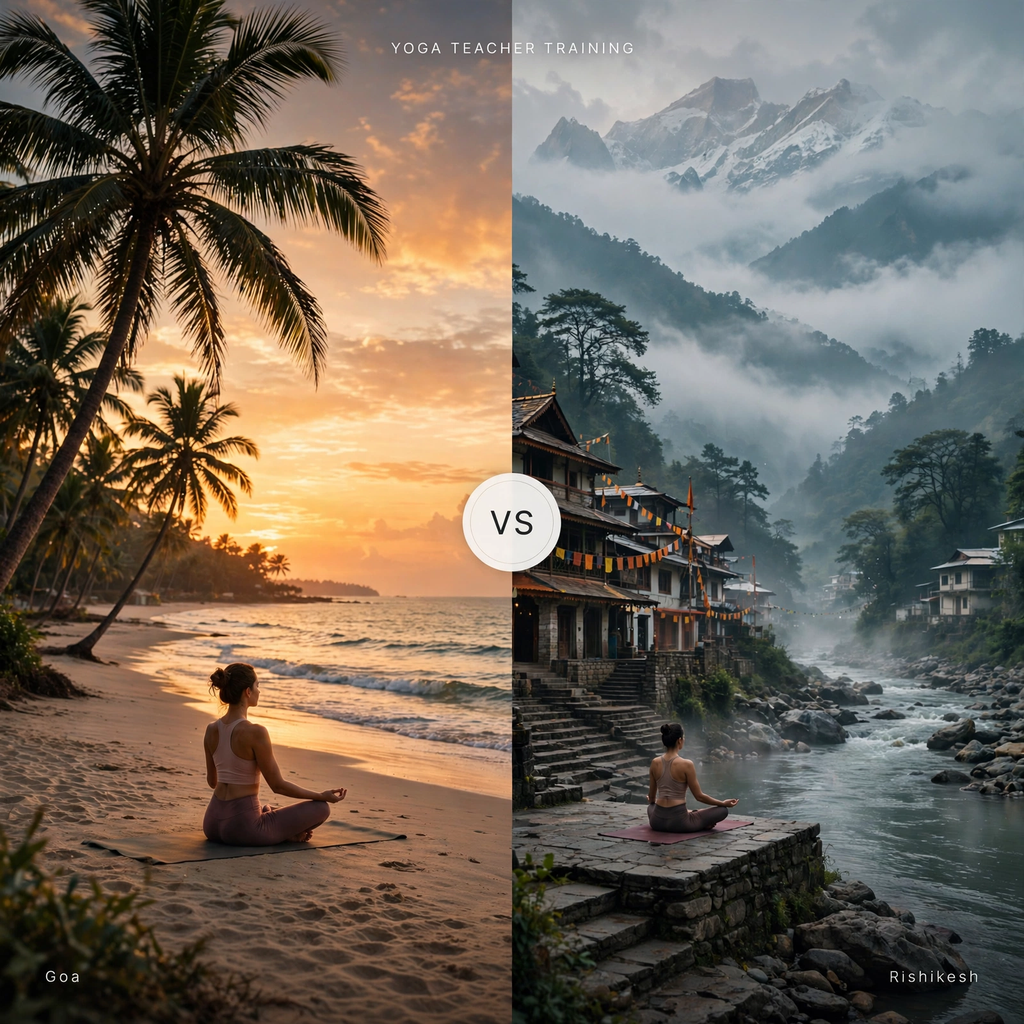 Goa vs Rishikesh yoga teacher training comparison - beach sunset in Goa vs Himalayan river in Rishikesh