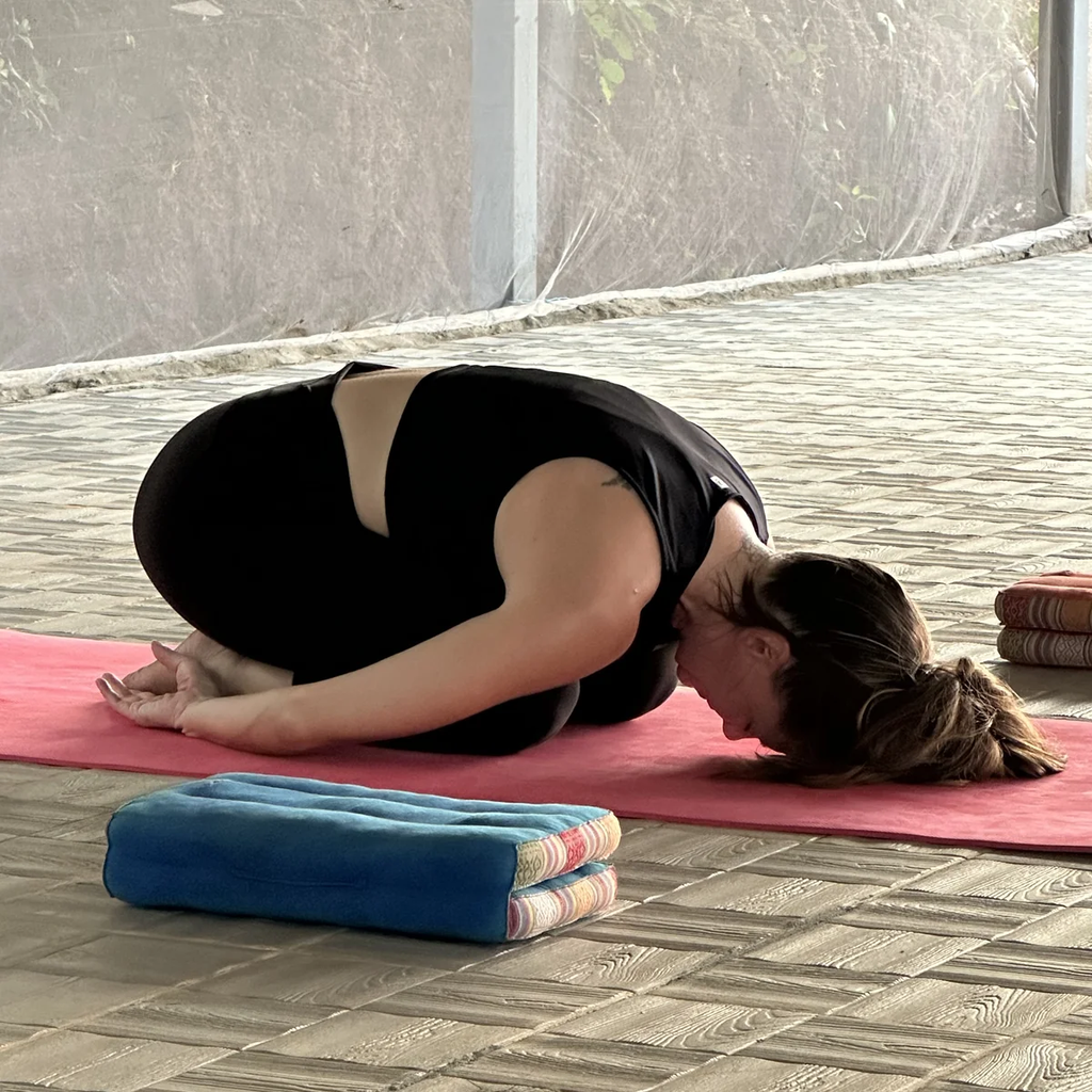 Restorative yoga pose during nervous system regulation training in Goa