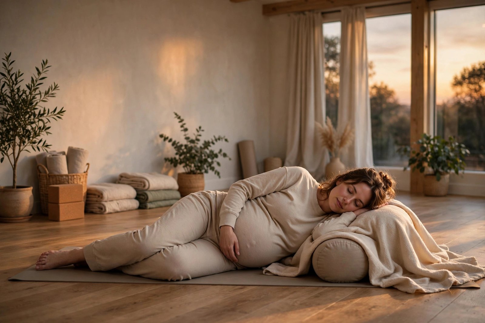 Pregnant woman resting on her side with a bolster in a yoga room