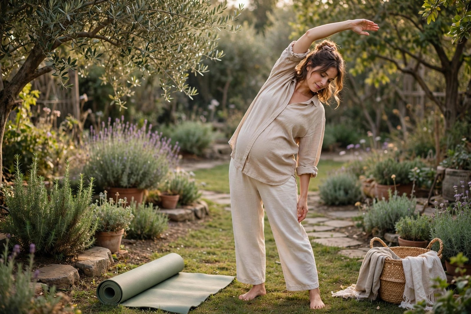Pregnant woman doing a gentle standing side stretch in a garden